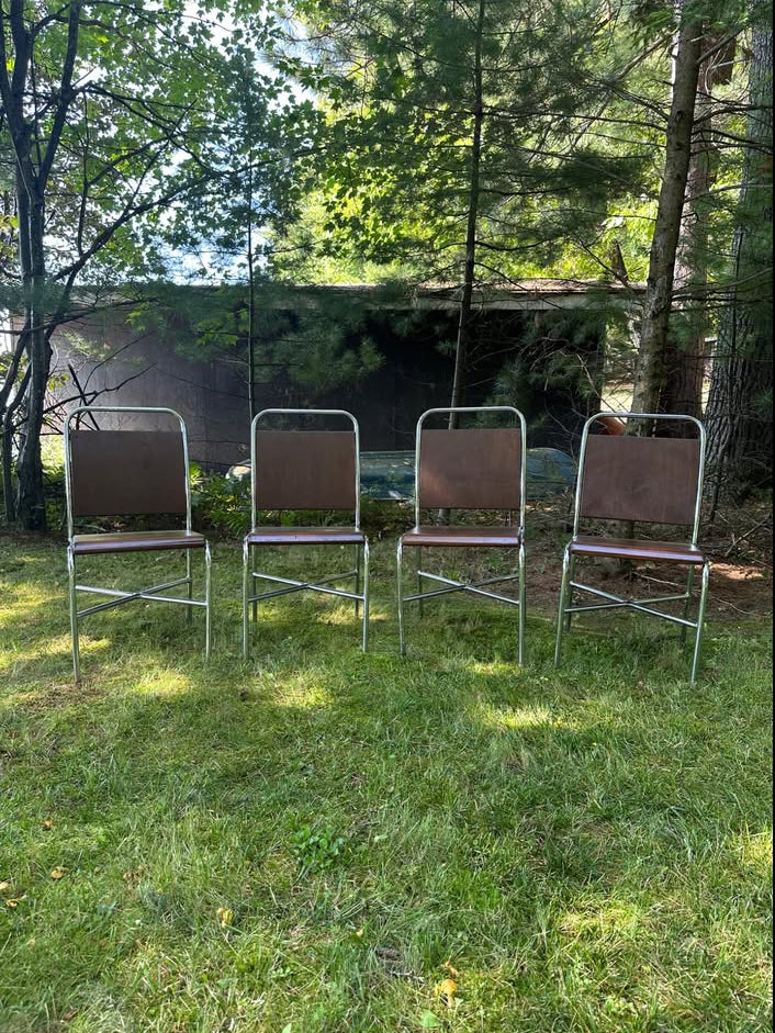 Antique Wood and Chrome Dining Chair Set (4)