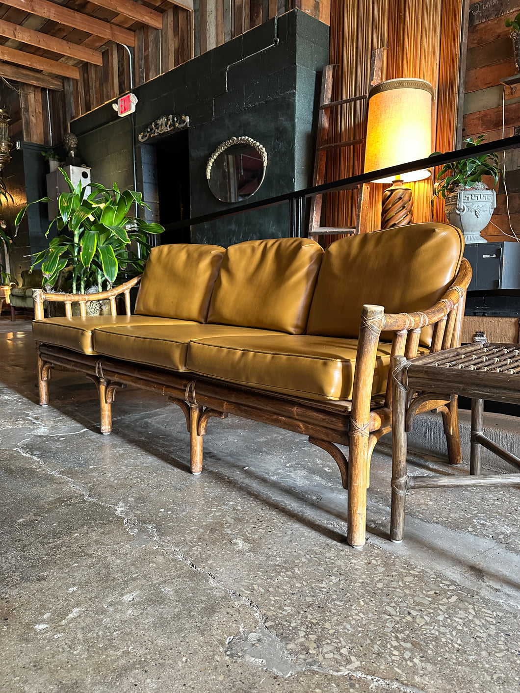 Rattan and Vinyl Couch w/ Side Table