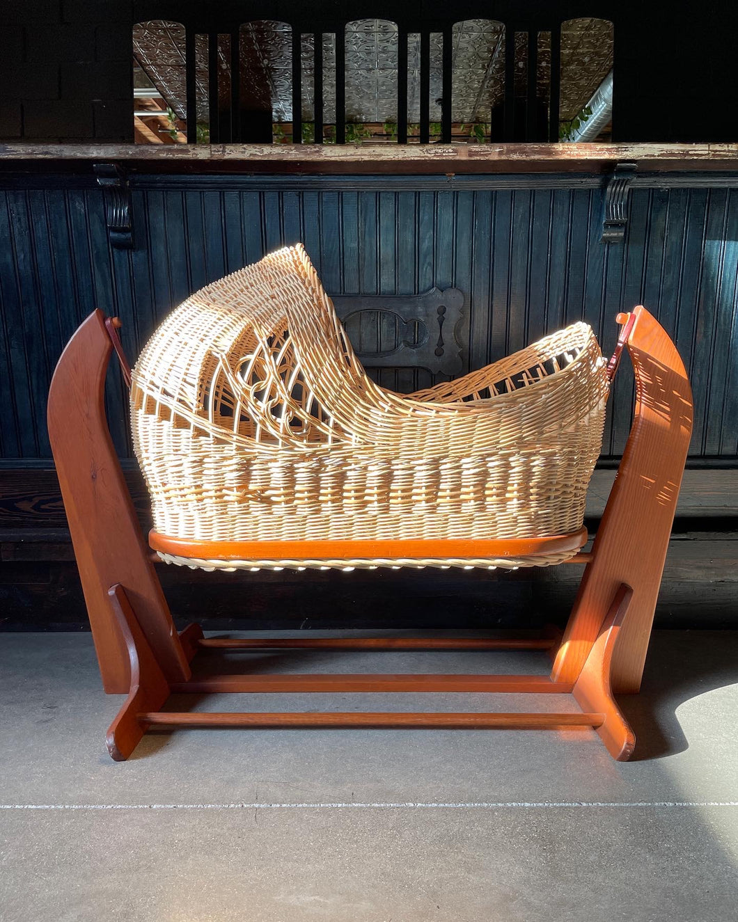 Homemade Wicker, Wood and Leather Bassinet
