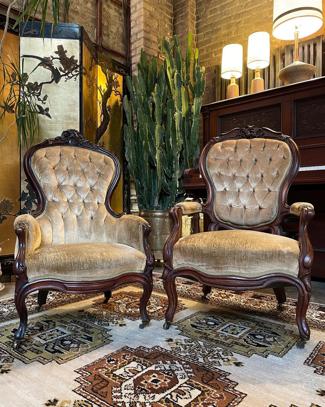 Antique King & Queen Victorian Armchairs on Casters