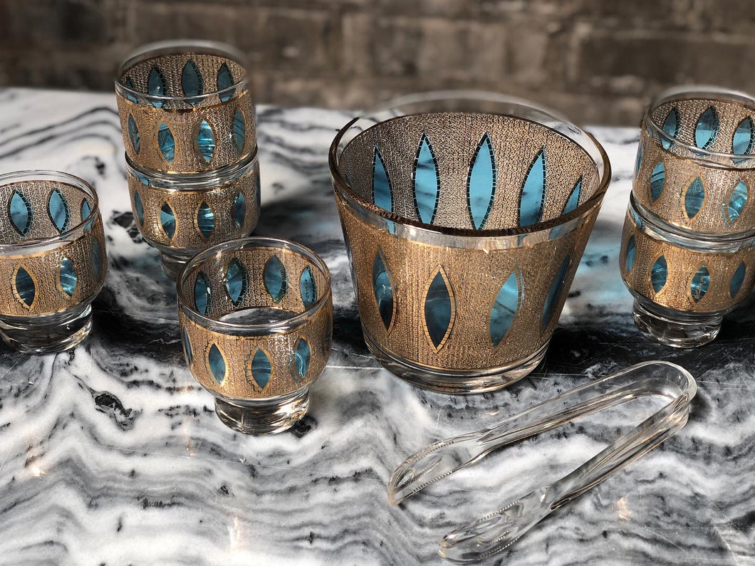 Mid-Century Culver Aqua Tiffany Barware Set (7)