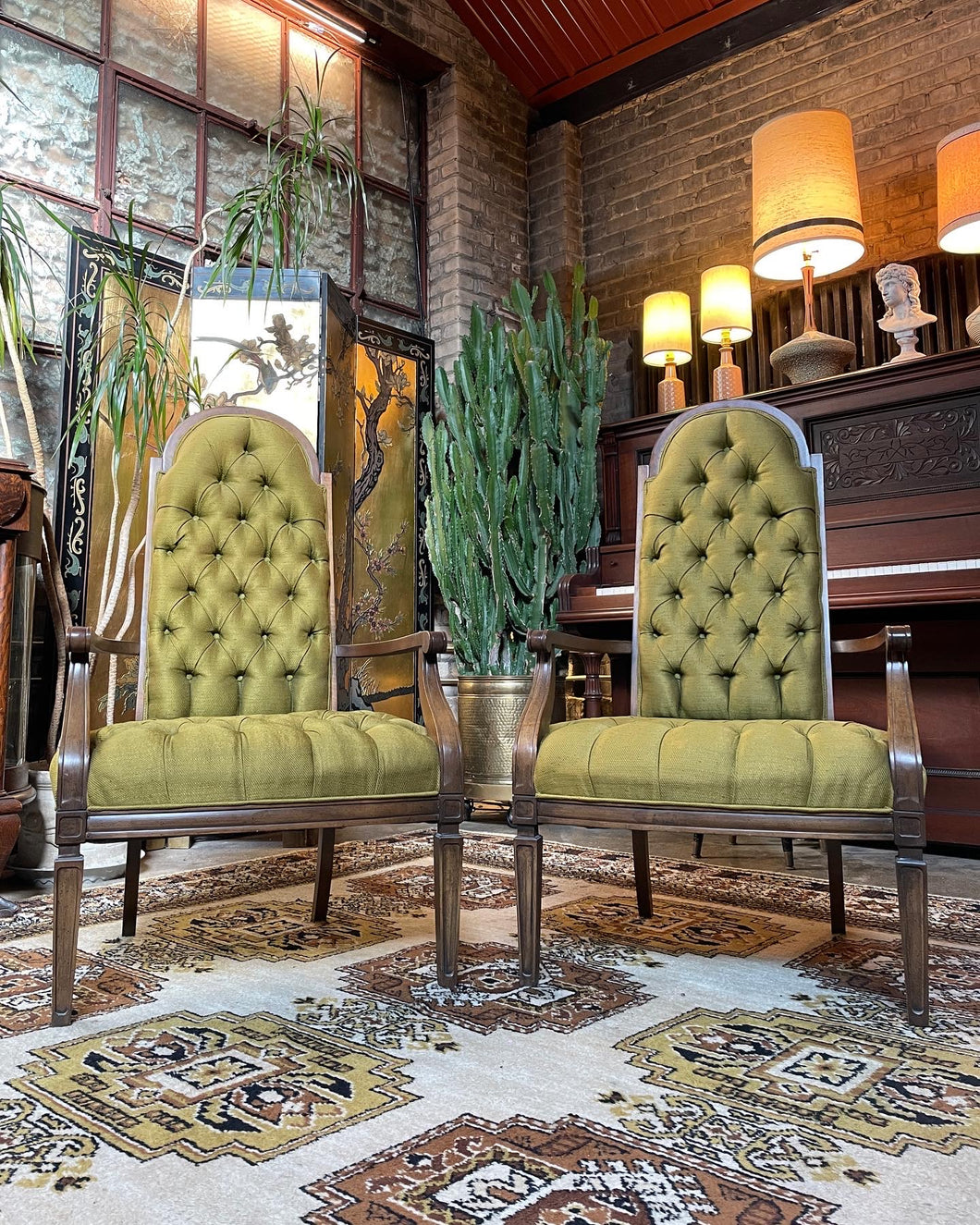 Green Tufted High-back Chair Set (2)
