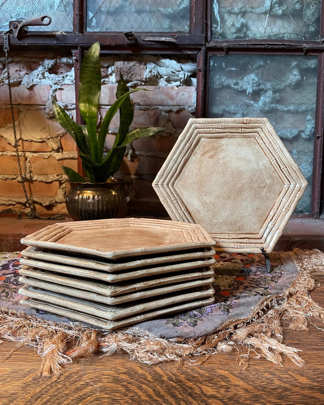 Faux Bamboo Hexagonal Ceramic Plate Set (8)
