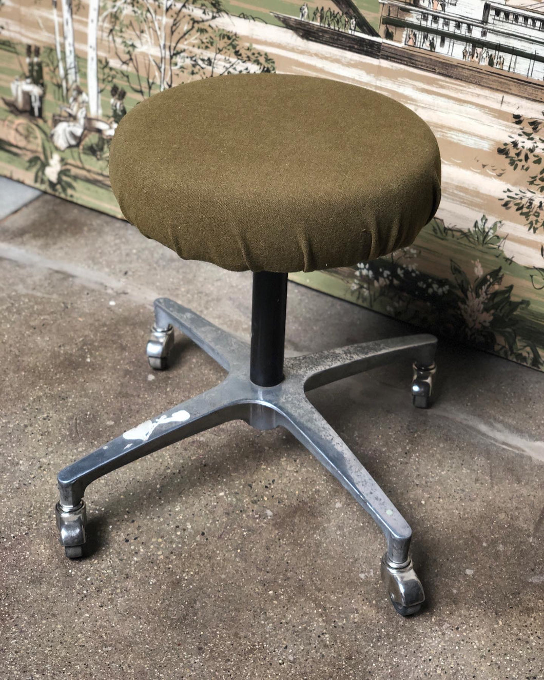 Reupholstered Army Green Rolling Stool