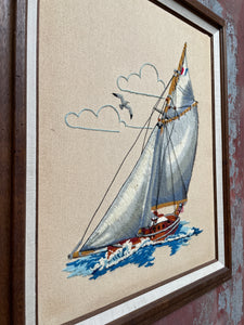 Mid-Century Yarn-Embroidered Sailboat Scene