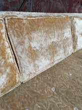 Load image into Gallery viewer, Mid-Century Gold Crushed Velvet Couch on Casters
