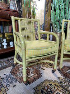 Chartreuse Rattan and Caned Chair Set on Casters (2)
