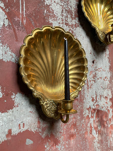 Large Brass Seashell Sconce Set (2)