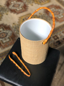 Faux Bamboo and Grasscloth Ice Bucket w/ Tongs