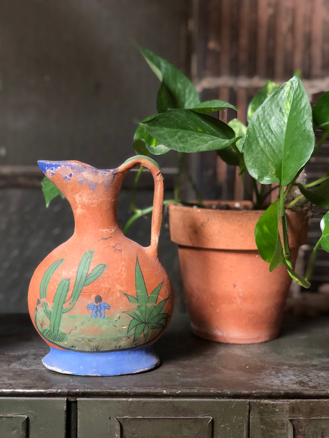 Hand-Painted Mexican Clay Pitcher